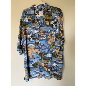 David Carey Originals Alaska Men’s Button Up Camp Shirt Graphic Map Blue 3XL